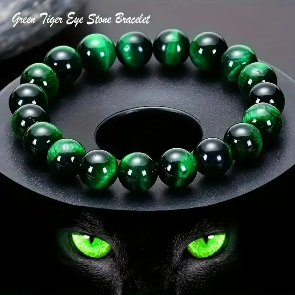 Natural Green Tiger Eye Stone Bead Bracelet (SKU #0364)